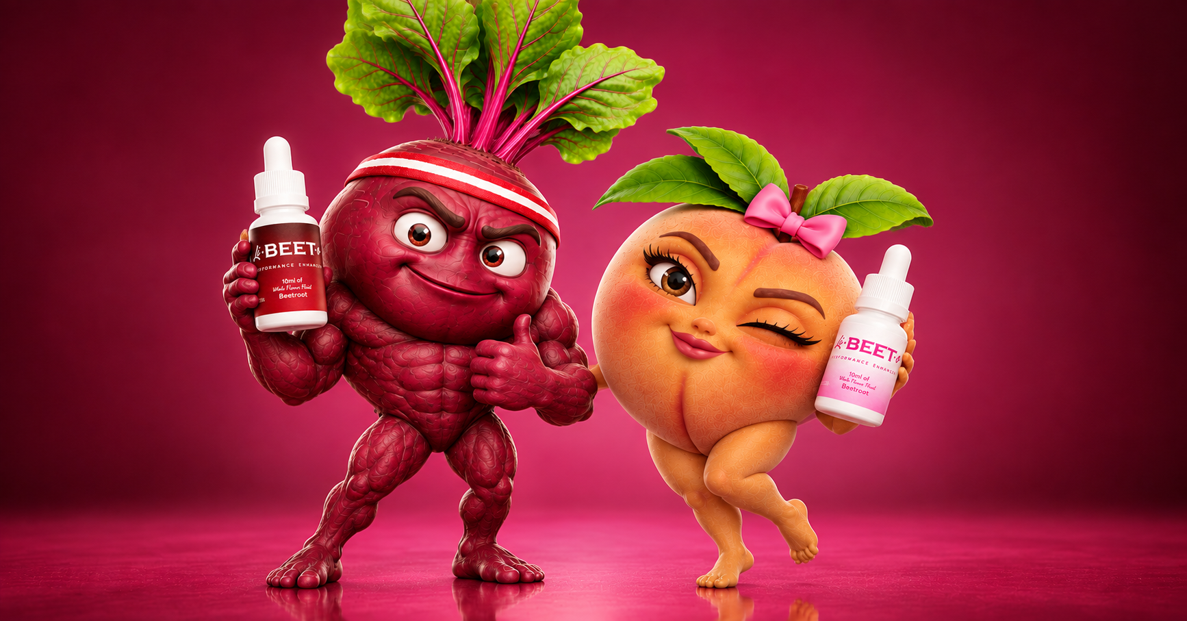 Li-BEET-o beetroot mascots holding liquid extract bottles